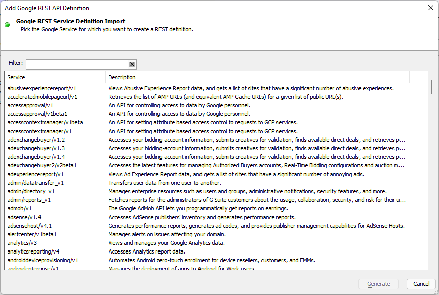 Google REST Service Definition Import